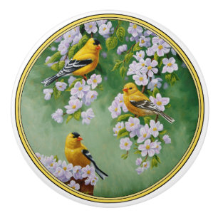 Bouton De Porte En Céramique American Goldfinches & Pink Apple Blossings