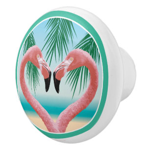Bouton De Porte En Céramique Amour du Flamant rose (Saint-Valentin tropical)