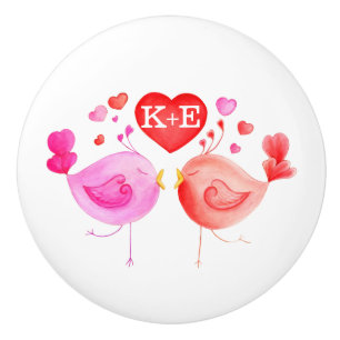 Bouton De Porte En Céramique Amour oiseaux fantaisistes art aquarelle initiales