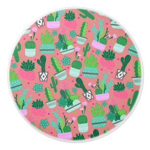 Bouton De Porte En Céramique Amusant motif de cactus rose girly sud-ouest