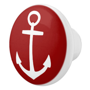 Bouton De Porte En Céramique Ancre blanche classique sur le rouge nautique