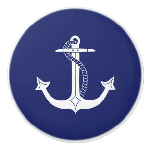Bouton De Porte En Céramique Ancre blanche nautique avec la corde sur le bleu
