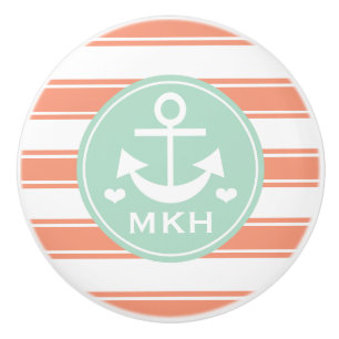 Bouton De Porte En Céramique Ancre de corail et d'aqua monogramme