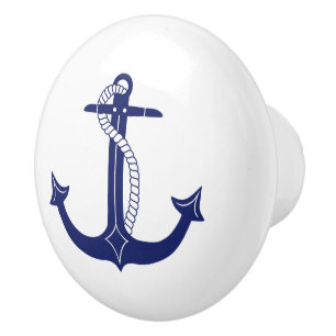 Bouton De Porte En Céramique Ancre nautique de bleu marine avec la corde