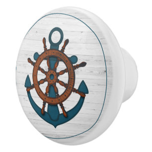Bouton De Porte En Céramique Ancre nautique sur le bois blanc