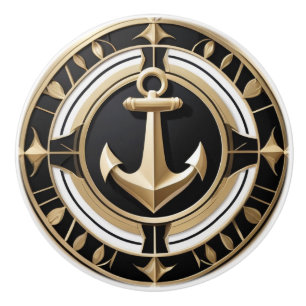 Bouton De Porte En Céramique Ancre Noir Blanc et Or Nautique