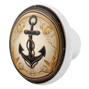 Bouton De Porte En Céramique Ancre Noir et Or Nautique Armoire Cupboard