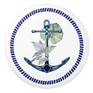 Bouton De Porte En Céramique Ancre tropicale avec plantes et fleurs