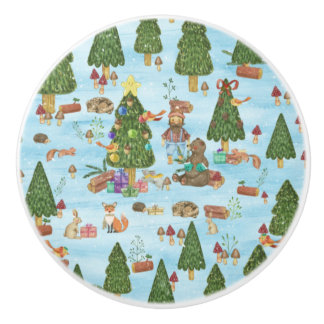 Bouton De Porte En Céramique Animaux de Noël et bûcheron en forêt d'hiver