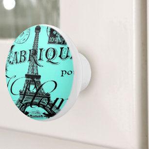 Bouton De Porte En Céramique aqua turquoise scripts turquoises Paris Tour Eiffe