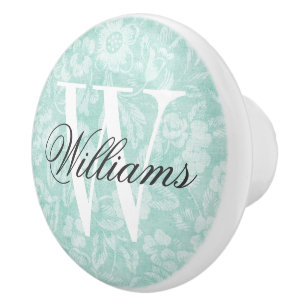 Bouton De Porte En Céramique Aqua Vintage Floral Imprimer Monogramme