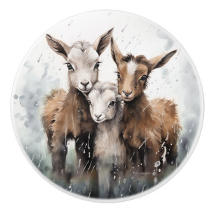 Bouton De Porte En Céramique Aquarelle 3 chèvres bébés dans la pluie