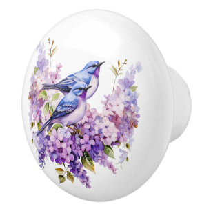 Bouton De Porte En Céramique Aquarelle Bluebirds et Lilacs