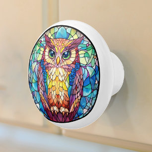 Bouton De Porte En Céramique Aquarelle Chouette en verre