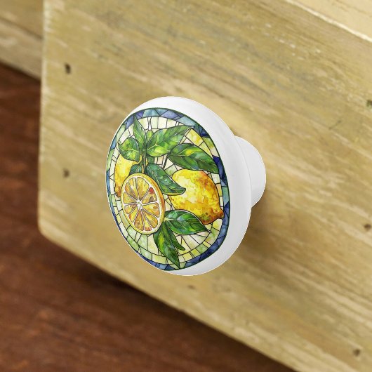 Bouton De Porte En Céramique Aquarelle Citrons Vitré Jaune Vert Bleu