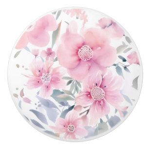 Bouton De Porte En Céramique Aquarelle Fleur Rose