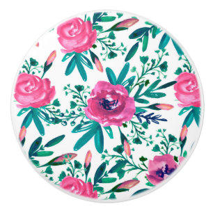 Bouton De Porte En Céramique Aquarelle Fleurs Et Bufs Roses