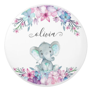 Bouton De Porte En Céramique Aquarelle florale mignonne Baby Elephant Nom Monog