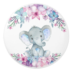 Bouton De Porte En Céramique Aquarelle florale mignonne Eléphant pour bébé