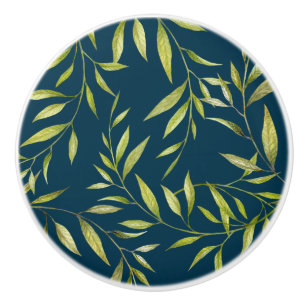 Bouton De Porte En Céramique Aquarelle Golden Green Laurel Motif Feuille