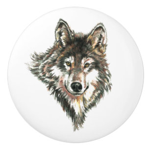 Bouton De Porte En Céramique Aquarelle Gris Loup Animal Nature motif d'art