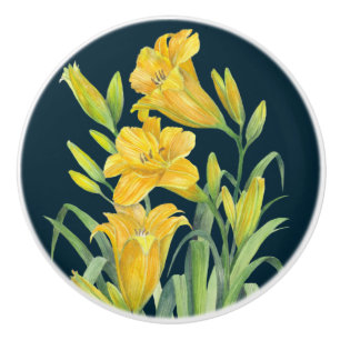 Bouton De Porte En Céramique Aquarelle Jaune Lys Floral Illustration