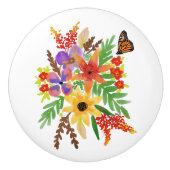Bouton De Porte En Céramique Aquarelle jaune rouge violet Fleurs papillon (Devant)