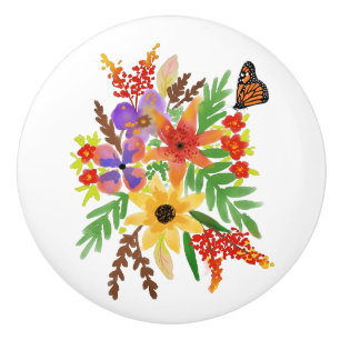 Bouton De Porte En Céramique Aquarelle jaune rouge violet Fleurs papillon