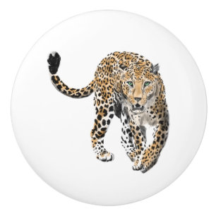 Bouton De Porte En Céramique aquarelle léopard jungle chat peint vert animal
