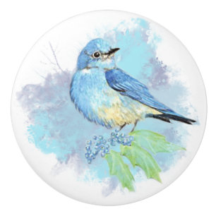 Bouton De Porte En Céramique Aquarelle Montagne Bluebird Oiseau Nature Art