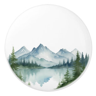 Bouton De Porte En Céramique Aquarelle Montagnes et pins verts Nature