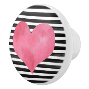 Bouton De Porte En Céramique Aquarelle Noir et Coeur Rouge Ceramic Knob