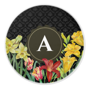 Bouton De Porte En Céramique Aquarelle Orange Jaune Fleurs de printemps Damask