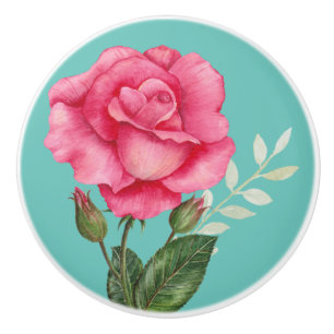 Bouton De Porte En Céramique Aquarelle personnalisée Rose Rose Floral Turquoise