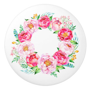 Bouton De Porte En Céramique Aquarelle romantique Roses Floral Wreath Circle 2