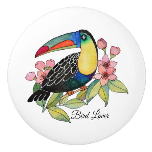 Bouton De Porte En Céramique Aquarelle Toucan Bird Avec Fleurs