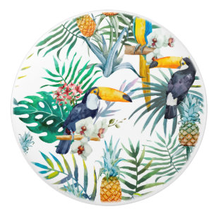 Bouton De Porte En Céramique Aquarelle tropicale d'oiseau de perroquet d'ananas