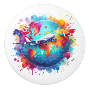 Bouton De Porte En Céramique Aquarelle Voyageons dans le monde