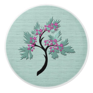 Bouton De Porte En Céramique Arbre à fleurs gracieux vert + Cobelet en céramiqu