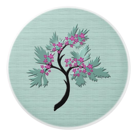 Bouton De Porte En Céramique Arbre à fleurs gracieux vert + Cobelet en céramiqu (Devant)