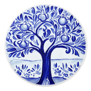 Bouton De Porte En Céramique Arbre à fruits bleu et blanc Art folklorique médit