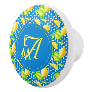 Bouton De Porte En Céramique Arbre Citron Monogrammé Bleu Azur Décoration de Je
