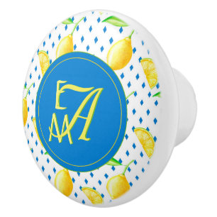 Bouton De Porte En Céramique Arbre de citron monogramme Décor Royal Blue