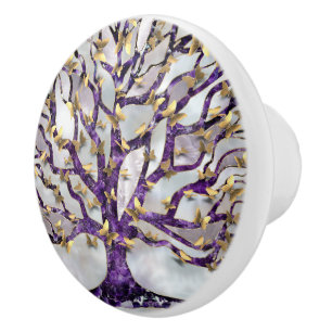 Bouton De Porte En Céramique Arbre de vie - Améthyste et papillons