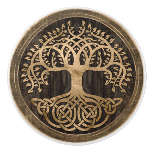 Bouton De Porte En Céramique Arbre de vie - Yggdrasil - écorce en bois et or
