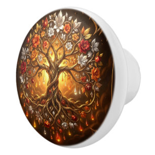 Bouton De Porte En Céramique Arbre éclairé par la lune de l'éternité embrasée.