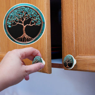 Bouton De Porte En Céramique Arbre en cuivre et turquoise sur fond noir