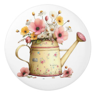 Bouton De Porte En Céramique Arrosoir de fleurs jaune de Pâques rose