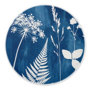 Bouton De Porte En Céramique Art botanique de fougère au cyanotype bleu indigo