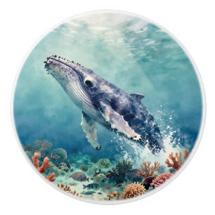 Bouton De Porte En Céramique Art côtier aquarelle Baleine bleue océanique